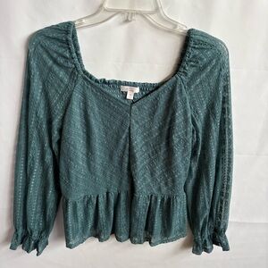 LC Lauren Conrad Teal Lace Peplum Long Sleeve Top. size Medium. INV25/416